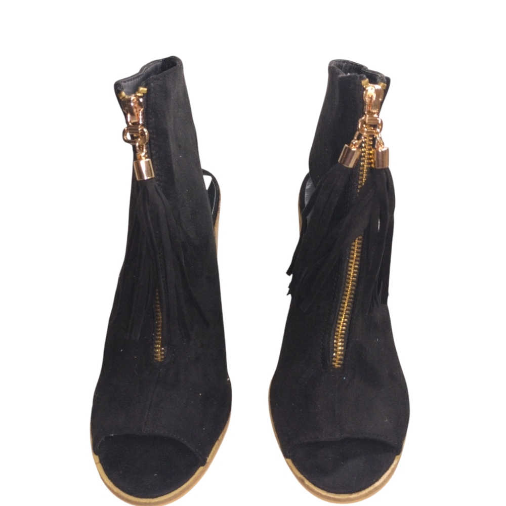 NEW CATHERINE MALANDRINO Black Suede Tassel Heeled Ankle Booties Size 7 1/2